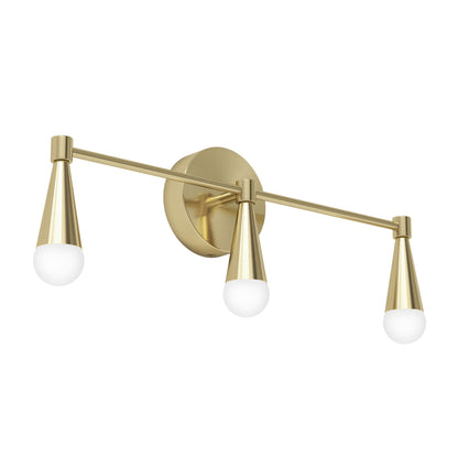 The Artika Wayden LED mid-century bathroom vanity light features a round backplate and three brushed gold arms with cone-shaped frosted bulb holders, offering 3 CCT options for customizable lighting.