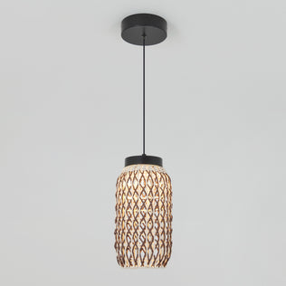 The Artika Benson Mini LED pendant light 5 CCT features a black ceiling mount, adjustable color temperature, and a cylindrical rattan weave over a white inner shade—all set against a plain light gray background.