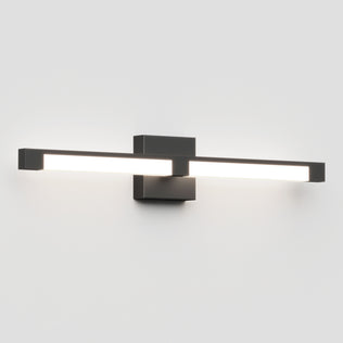 The Artika Tivoli modern LED bathroom vanity light 5 CCT features a sleek black rectangular base and horizontal bar, offering adjustable bright white illumination, elegantly mounted on a plain white wall.
