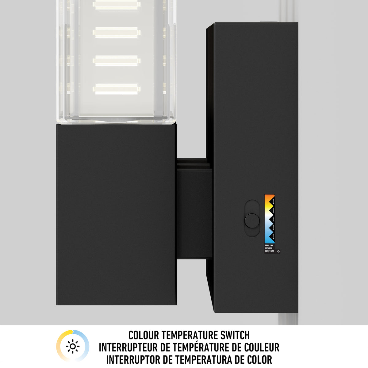 Close-up of Hologram LED modern bathroom vanity light 5 CCT by Artika with a black color temperature switch and bilingual label.