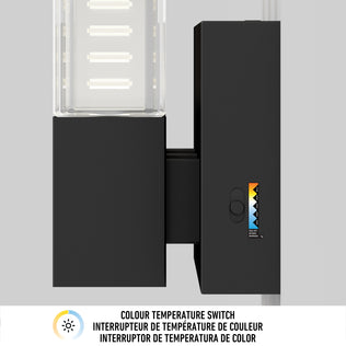 Close-up of Hologram LED modern bathroom vanity light 5 CCT by Artika with a black color temperature switch and bilingual label.