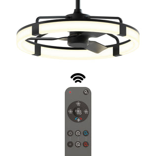 The Artika Sunnyvale 28 in. LED modern ceiling fan features black blades, a circular LED light ring, and comes with a remote for easy control of lighting and fan settings. A wireless icon emphasizes its convenient remote functionality.