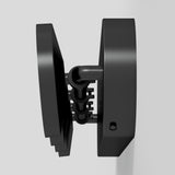A black, wall-mounted combination lock with three rotating dials is shown in a partially open position against a plain light background.