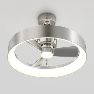 The Artika Austin 23 in. LED modern ceiling fan features three metallic blades, a circular light ring, and a brushed metal finish. Its sleek, contemporary design operates quietly and includes a remote for added convenience.