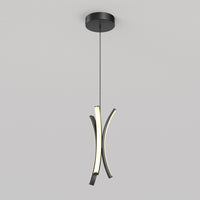 The Artika Corben Pendant LED light 5CCT Black features three modern curved black metal arms—two with soft white LEDs—hanging from a single cord and a black ceiling mount, shown against a plain gray background.