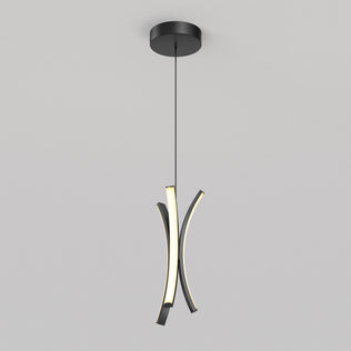 The Artika Corben Pendant LED light 5CCT Black features three modern curved black metal arms—two with soft white LEDs—hanging from a single cord and a black ceiling mount, shown against a plain gray background.