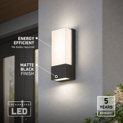 Artika Dixon indoor-outdoor LED wall light in matte black with a rectangular design and 1100 lumens of integrated energy-efficient lighting.
