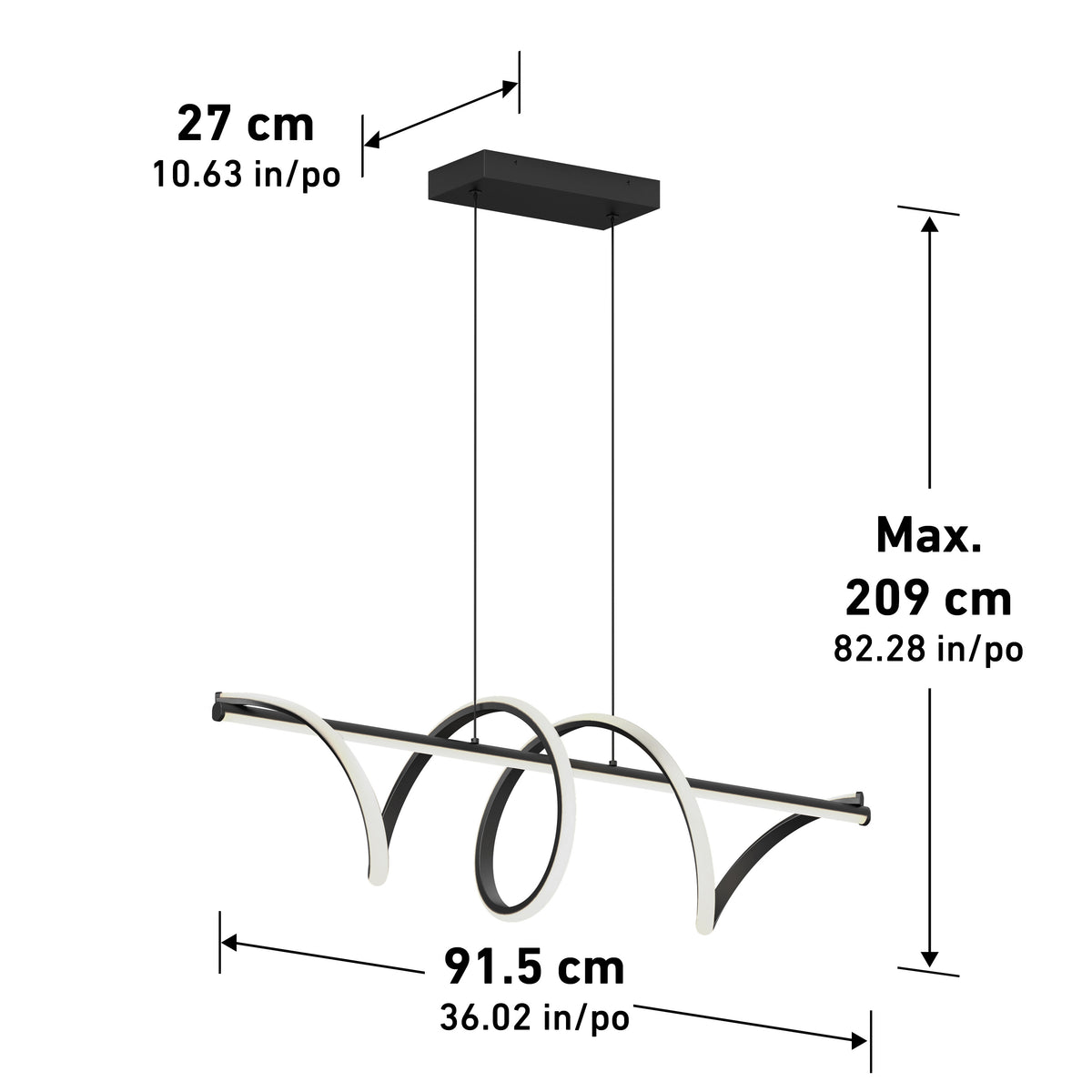 Modern pendant light fixture with curved, looped metal design. Dimensions: 27 cm (10.63 in) high, 91.5 cm (36.02 in) wide, and maximum hanging length of 209 cm (82.28 in). Measurements are labeled.