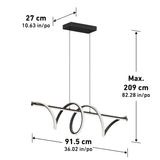 Modern pendant light fixture with curved, looped metal design. Dimensions: 27 cm (10.63 in) high, 91.5 cm (36.02 in) wide, and maximum hanging length of 209 cm (82.28 in). Measurements are labeled.
