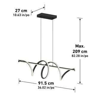The Artika Coda modern LED pendant light 5 CCT features black and white curved LED tubes, suspended from a rectangular ceiling mount. Dimensions: 27 cm tall, 91.5 cm wide, with a max hanging length of 209 cm.