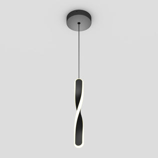 The Artika Finley modern LED pendant light 5 CCT features a black, twisted oval frame with integrated LED strip, suspended from a round ceiling mount and set against a plain light gray background.