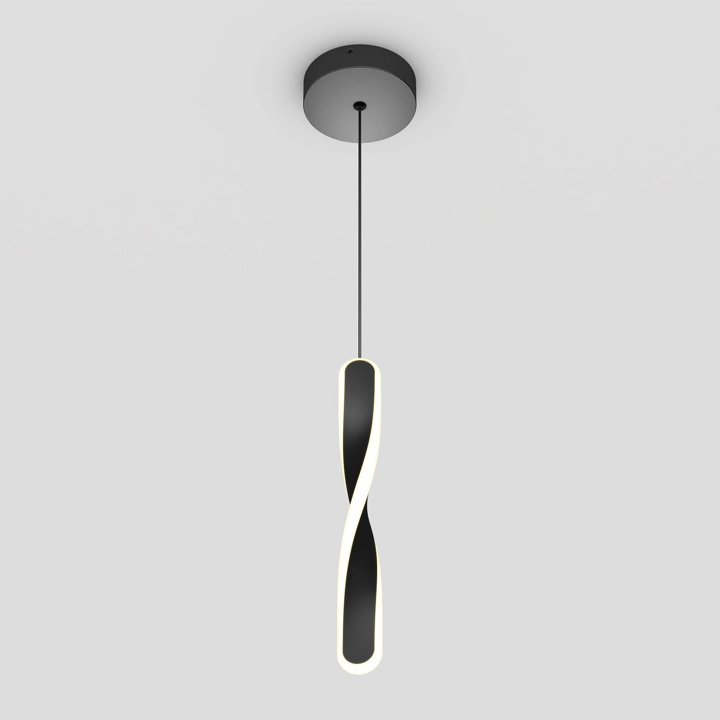 The Artika Finley modern LED pendant light 5 CCT features a twisted, ribbon-like black design suspended from a round mount, with its illuminated edge creating a glowing outline against a white background.