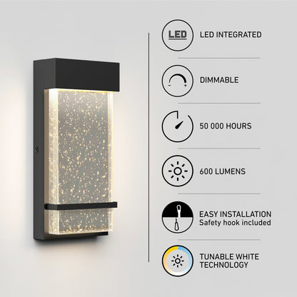 Artika Skyler indoor-outdoor LED wall light: a black rectangular fixture with textured glass, offering 600 lumens and 50,000 hours of lighting.