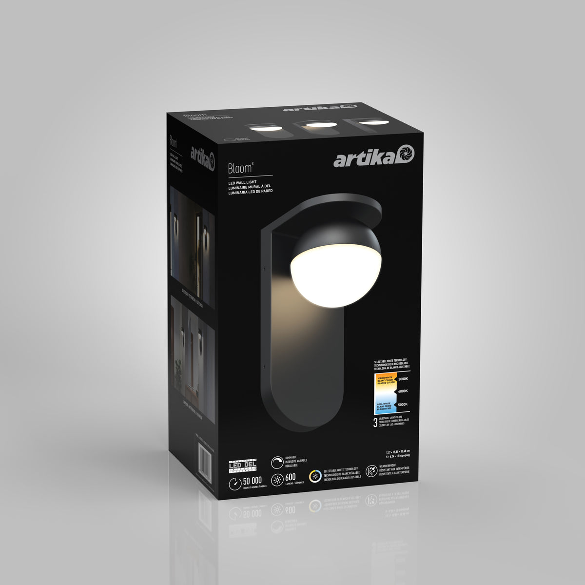 A black box packaging for an Artika Bloom LED wall light, featuring an image of the light fixture, product details, brightness, energy efficiency, and color temperature icons on a gray background.