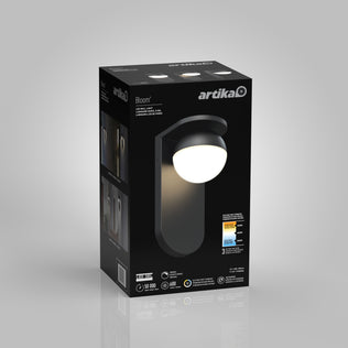 A black box package for the Artika Bloom indoor-outdoor LED wall light 3 CCT displays the fixture image, key product details, energy ratings, 50,000-hour lifespan, and a 600 lumens icon.