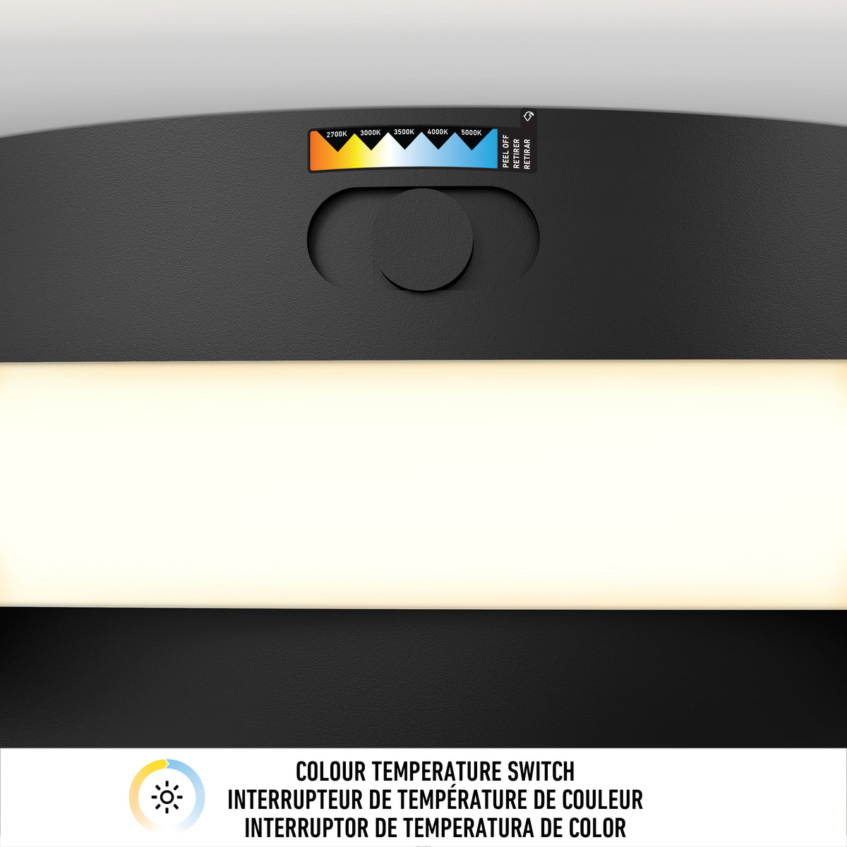 A close-up of a color temperature switch panel showing five settings from 3000K to 6500K, above a lit light bar. Text below reads Colour Temperature Switch in English, French, and Spanish.