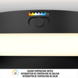 A close-up of a color temperature switch panel showing five settings from 3000K to 6500K, above a lit light bar. Text below reads Colour Temperature Switch in English, French, and Spanish.