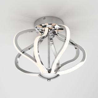 The Artika Meridian LED flush mount light features curved chrome-finished arms and integrated LED strips, creating an open, spherical design perfect for a modern look on a plain white ceiling.