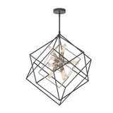 Modern geometric pendant light with exposed bulbs, featuring intersecting black metal cubes and a central brushed nickel fixture hanging from a rod.