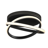 A modern ceiling light fixture with a black circular base and two intertwined LED light rings, one illuminated in white and the other black, creating a sleek, contemporary design.