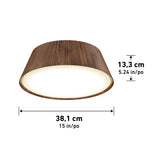 A round, wood-finished ceiling light with a glowing underside. The fixture is 13.3 cm (5.24 in) tall and 38.1 cm (15 in) in diameter. Black measurement lines and labels indicate its dimensions.