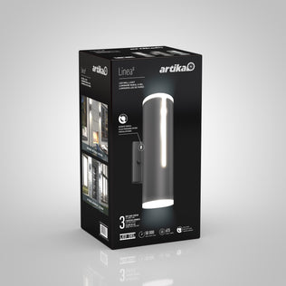 A black box features the Artika Linea modern indoor-outdoor LED wall light, showing its cylindrical design, product name, specs, and photos of the fixture installed on exterior walls.