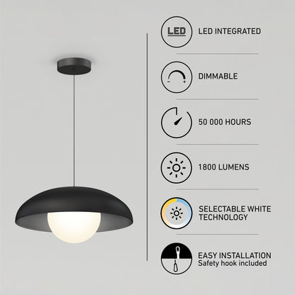 The Artika Boden LED modern mid-century pendant light hangs from the ceiling, featuring integrated LED, dimmable settings, 50,000-hour lifespan, 1800 lumens, selectable white (3 CCT), and easy installation.