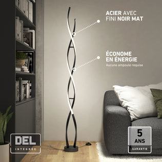 The Artika Swirl modern LED floor lamp offers efficient lighting, a 5-year warranty, and a twist design—perfect next to your gray couch.