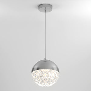 The Artika Carat LED pendant light 3 CCT features a silver metallic dome top and crystal-like textured bottom, suspended by a thin cord against a plain white background.