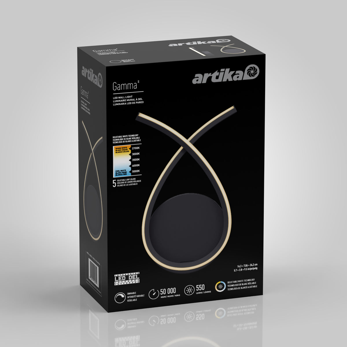 A black Artika box for the Gamma LED wall light, featuring a loop-shaped light design on the front, product features, and technical details in white and gold text.