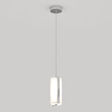 A modern pendant light fixture with a cylindrical frosted glass shade hangs from the ceiling by a thin cord against a plain white background.