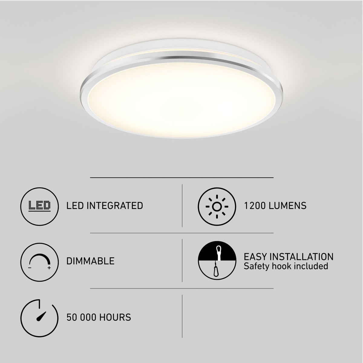 Artika Vera 13 in. modern LED flush mount; dimmable, 1200 lm, chrome finish, 50,000 hrs, easy install with safety hook.