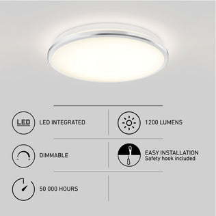 Artika Vera 13 in. modern LED flush mount; dimmable, 1200 lm, chrome finish, 50,000 hrs, easy install with safety hook.