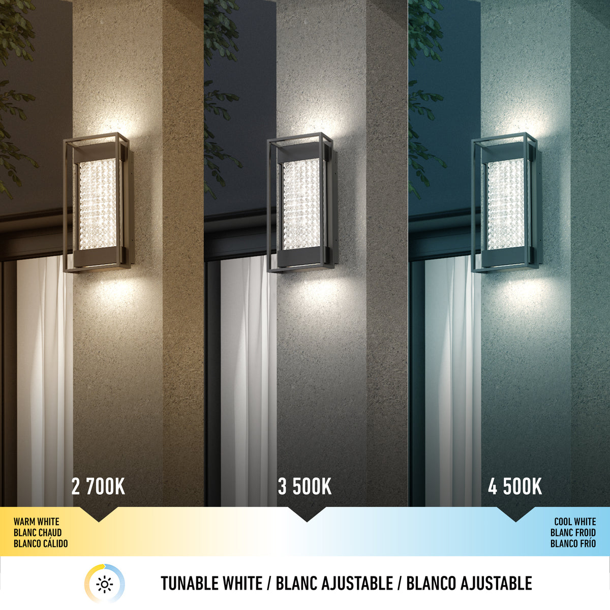 The Artika Glam indoor-outdoor LED wall light is shown in three panels, each with a different color temperature: 2700K warm white, 3500K neutral white, and 4500K cool white. Text labels and a color temperature scale appear below.