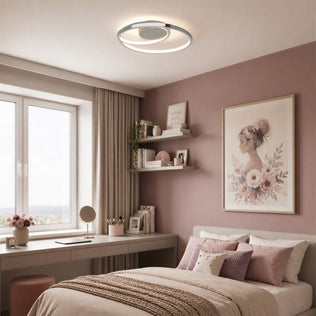 A modern bedroom with pink walls, bed, shelves, and window features the Artika Salto 14 in. Modern LED Flush Mount Ceiling Light.