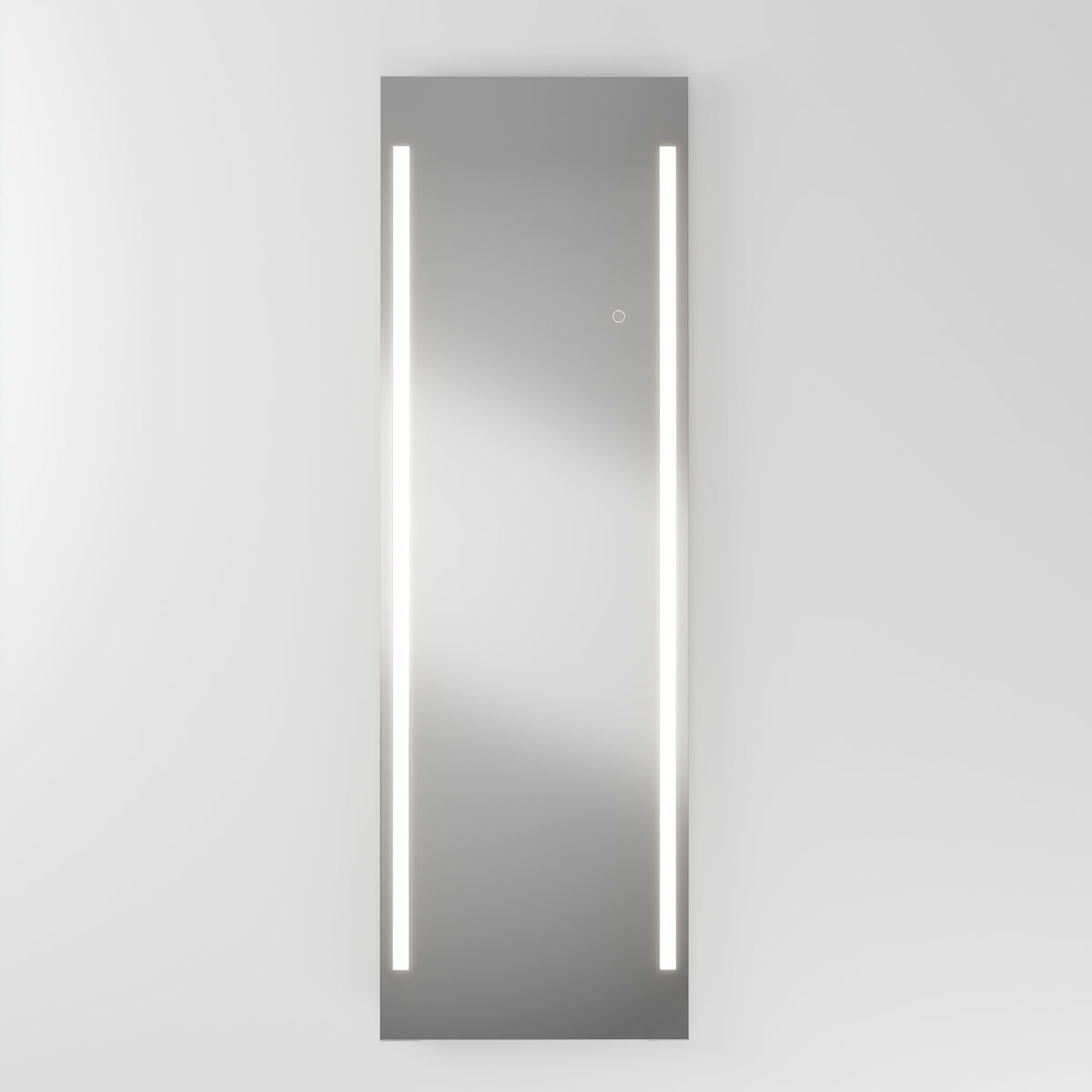 A tall rectangular mirror mounted on a white wall, featuring two vertical LED light strips on either side, emitting a bright white glow.