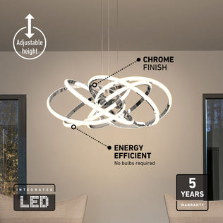 Artika Maelstrom modern LED pendant light, 5 CCTs, chrome finish, adjustable height, 5-year warranty—perfect for contemporary spaces.