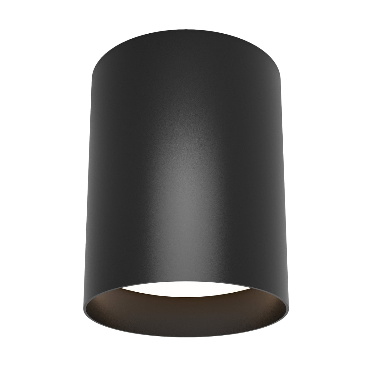 A black cylindrical ceiling light fixture with a smooth matte finish, viewed from below, showing the open bottom where light emits.
