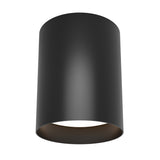 A black cylindrical ceiling light fixture with a smooth matte finish, viewed from below, showing the open bottom where light emits.