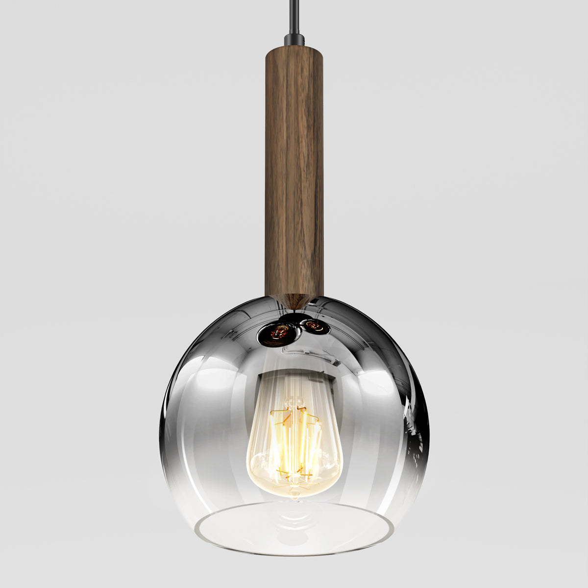 The Ardel Spiral 3-Light Pendant by Artika features wooden cylindrical tops and clear glass dome shades, shown without bulbs, against a plain light gray background.