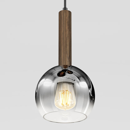 The Ardel Spiral 3-Light Pendant by Artika features wooden cylindrical tops and clear glass dome shades, shown without bulbs, against a plain light gray background.
