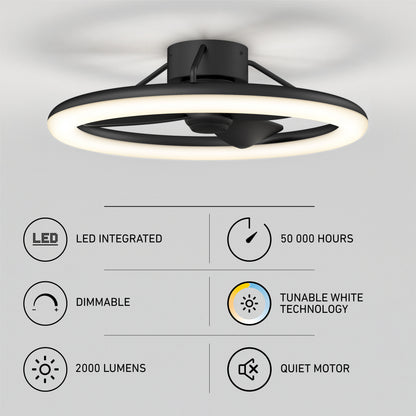 The Artika Darren 23 in. LED modern ceiling fan features a quiet motor, integrated dimmable 2000-lumen LED, tunable white technology, remote control, and a 50,000-hour lifespan. Icons and text highlight each feature.