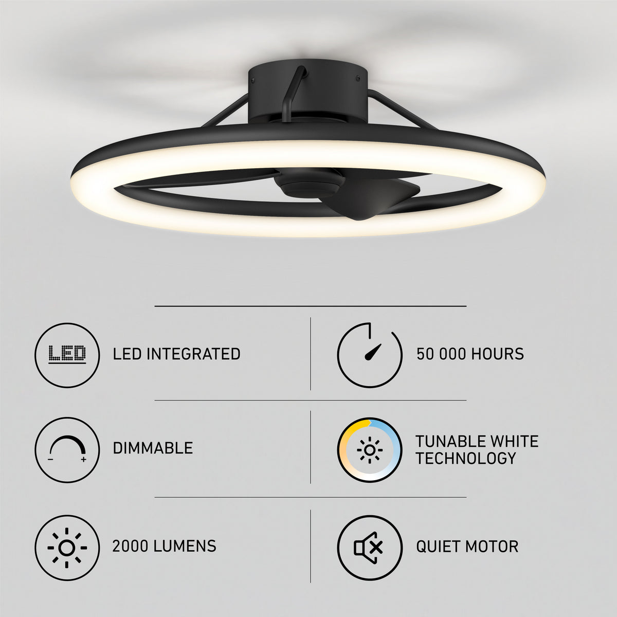 Modern ceiling fan with a circular LED light and black finish. Infographic highlights features: LED integrated, 50,000 hours lifespan, dimmable, tunable white technology, 2000 lumens brightness, and a quiet motor.