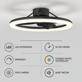 Modern ceiling fan with a circular LED light and black finish. Infographic highlights features: LED integrated, 50,000 hours lifespan, dimmable, tunable white technology, 2000 lumens brightness, and a quiet motor.
