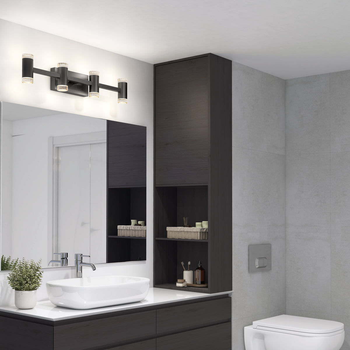 Modern bathroom with a rectangular mirror above a dark wood vanity, a vessel sink, wall-mounted faucet, three-light fixture, open shelving with towels and decor, and a wall-mounted toilet.
