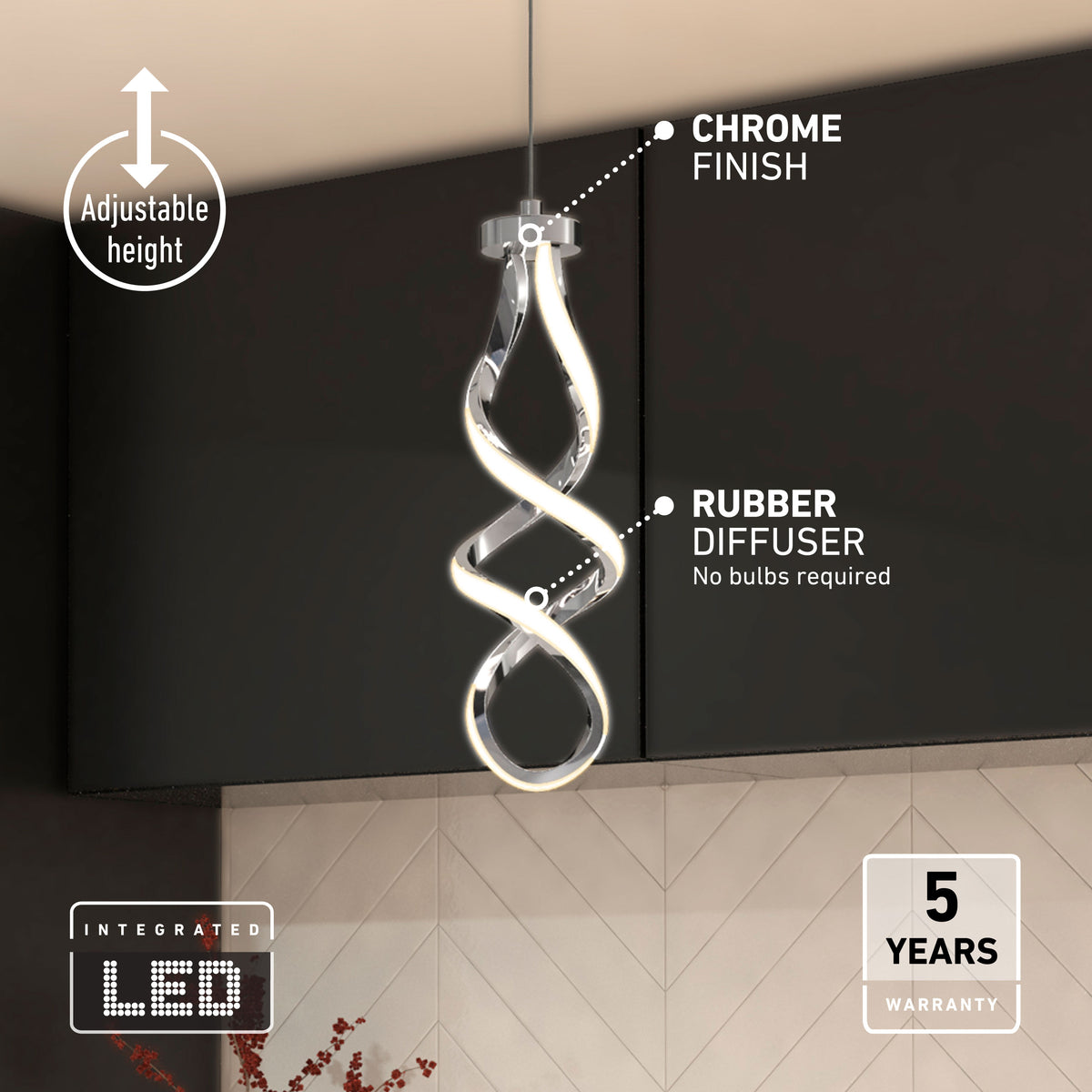 A modern pendant light with a twisted design hangs from the ceiling. It features a chrome finish, rubber diffuser, and integrated LED. Text highlights adjustable height and a 5-year warranty. The light is above a tiled kitchen wall.