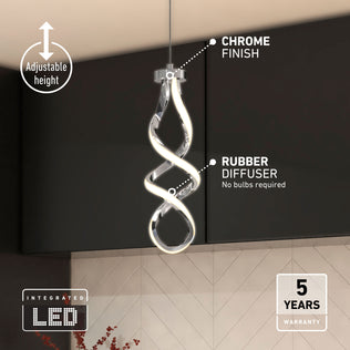 The Artika Mini Swirl LED pendant light features a twisted design, chrome finish, rubber diffuser, adjustable height, and integrated LED. No bulbs required. Includes a 5-year warranty—perfect for hanging over a kitchen counter.