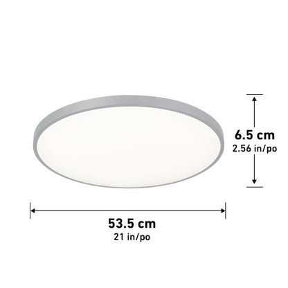 Artika Europa 21 in. LED modern flush mount ceiling light features a round white design with a grey edge, measures 53.5 cm (21 in) diameter and 6.5 cm (2.56 in) height, and includes a remote control. Black arrows/text show dimensions.