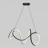 A modern pendant light with a black, wavy, looped frame and an integrated LED strip, suspended from the ceiling by two thin wires against a plain light gray background.