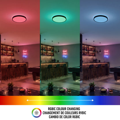 Three panels show a modern bar lit by Artika Isara 15 in. RGBIC LED ceiling lights in pink, teal, and blue with a neon Good Vibes Only sign.